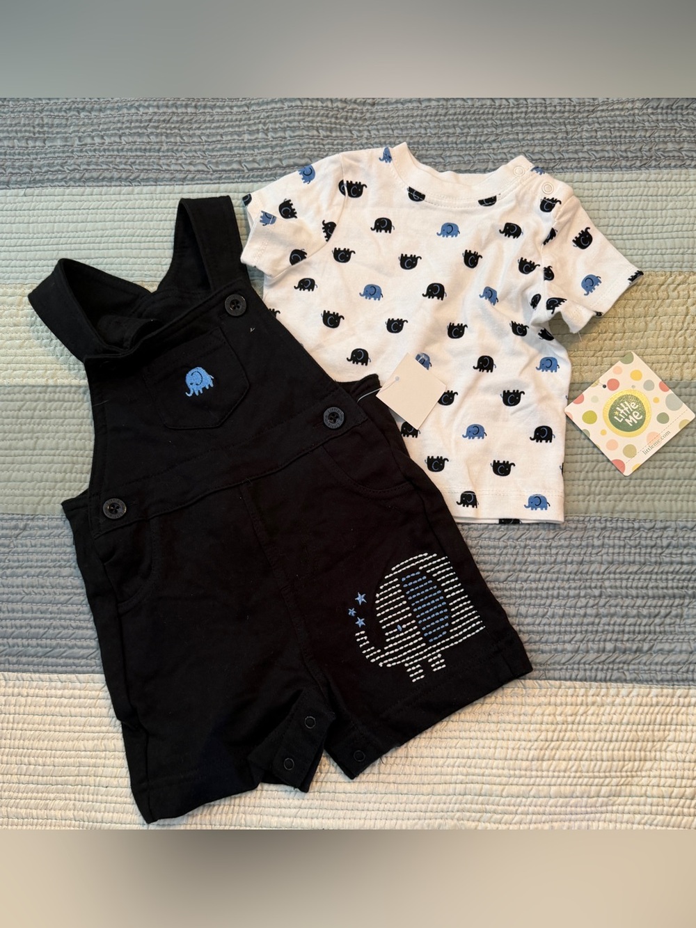 Little Me Black Short Overalls with White Elephant Tee - Black & Blue